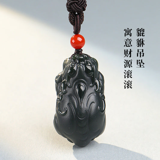 Tower Green Fine Material Hetian Jade Pixiu Pendant, Three-dimensional Divine Beast Cyan Jade Ornament with Certificate