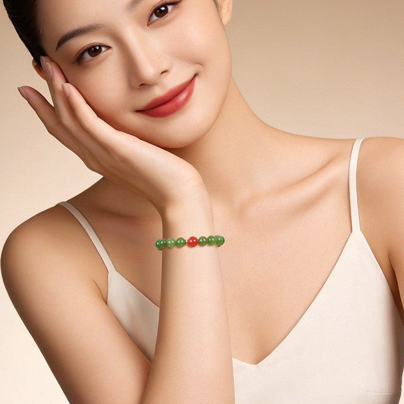 High Oil & Translucent Pale Cyan Hetian Jade Bracelet, Round Bead Single-loop Bangle for Women