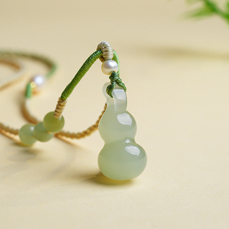 White & Lake Green Hetian Jade Small Gourd Pendant, Fortune Blessing Jade Charm