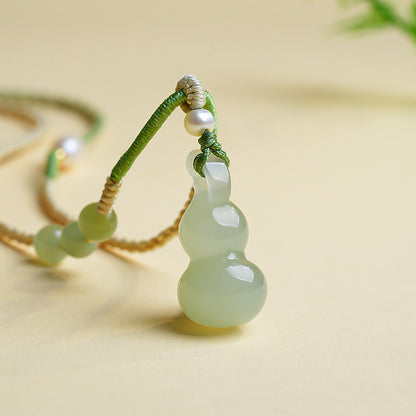 White & Lake Green Hetian Jade Small Gourd Pendant, Fortune Blessing Jade Charm