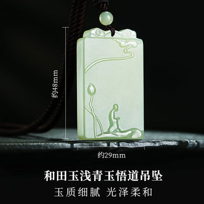 Pale Cyan Hetian Jade Enlightenment Plaque, Flower Blooms to See Buddha Jade Pendant