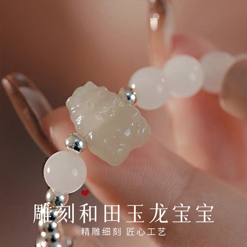 Cute Dragon Baby Hetian Jade Bracelet with S925 Silver, Chinese Style Jewelry for Women, Birthday Gift for Girlfriend, With Certificate & Collectible Value