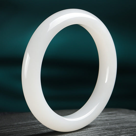 Women's Hetian White Jade Bangle, Moist White Round Jade Bracelet, With Certificate