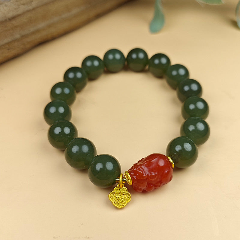 Unisex Cyan-yellow Hetian Jade Pixiu Bracelet