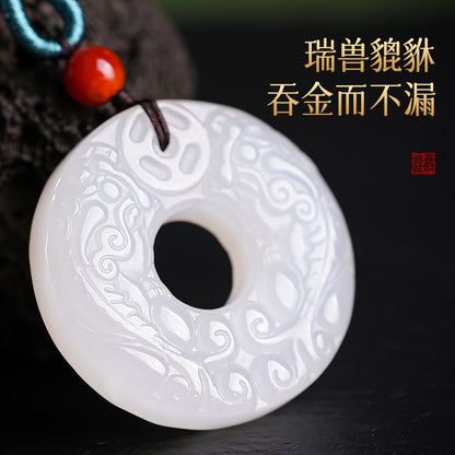 Unisex Hetian White Jade Pendant, Double-Sided Carved Pixiu & Safety Buckle Jade Charm