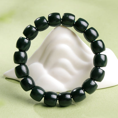 Dark Green Hetian Jade Straight Cut Old-type Bead Bracelet, Unisex Single Loop Beaded Bracelet