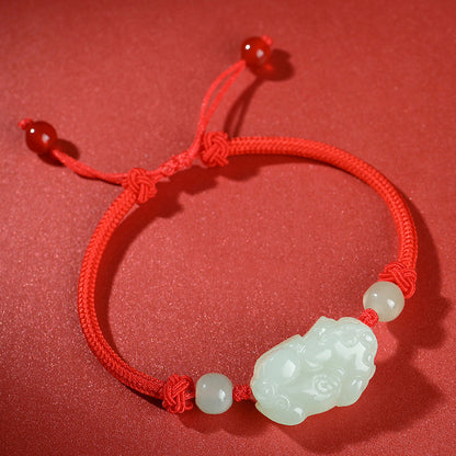 Pale Cyan Hetian Jade Pixiu Bracelet, Adjustable Couple Rope Bracelet, Birthday & Festival Gift for Men Women