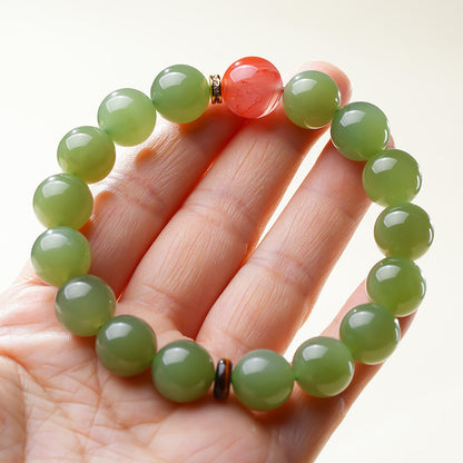High Oil & Translucent Pale Cyan Hetian Jade Bracelet, Round Bead Single-loop Bangle for Women