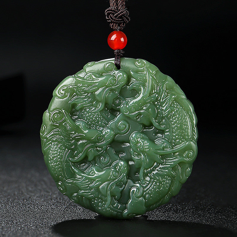 Unisex Hetian Jade Pendant, Double-sided Carved Nine Dragons