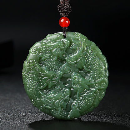 Unisex Hetian Jade Pendant, Double-sided Carved Nine Dragons