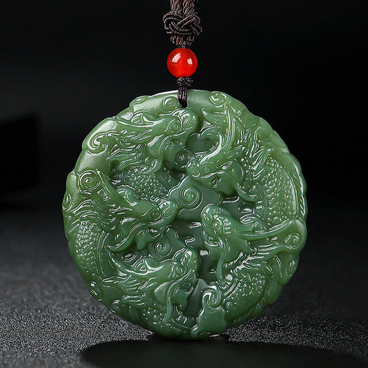 Unisex Hetian Jade Pendant, Double-sided Carved Nine Dragons