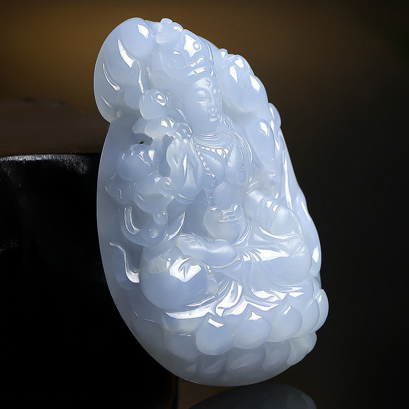 Unique Piece | Double-sided Carved Violet Jadeite Sitting Guanyin Pendant, Festival Gift
