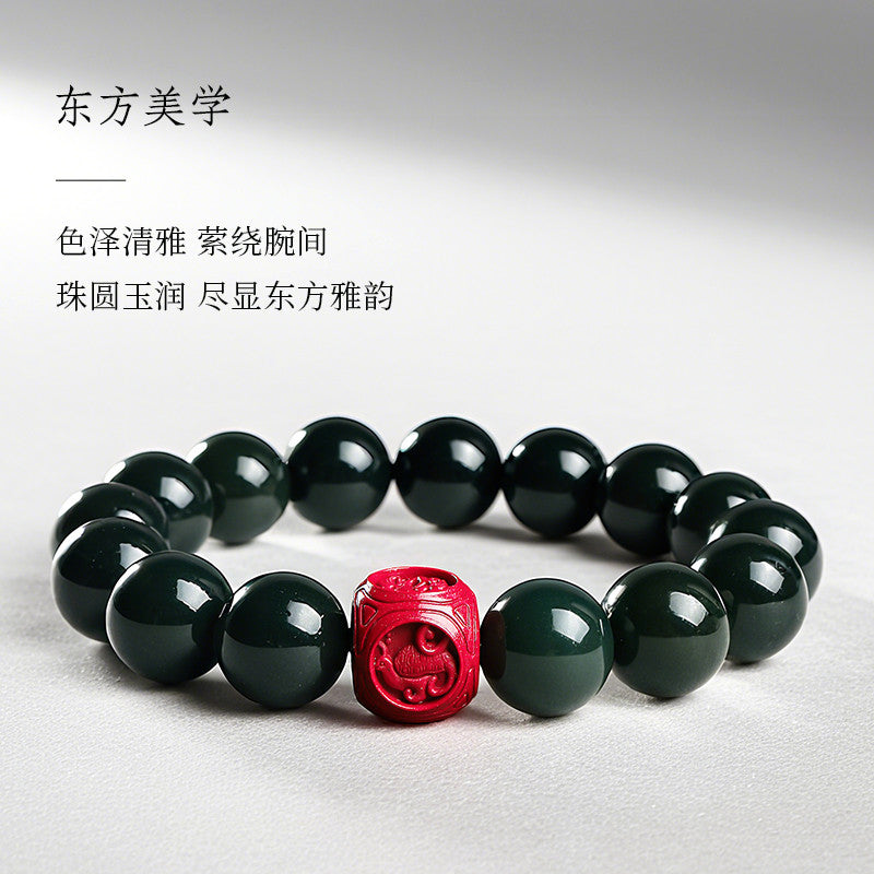 Dark Green Hetian Jade Barrel Bead Bracelet with Cinnabar Pixiu, Unisex Multi-gemstone Lucky Bracelet