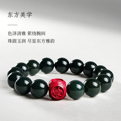 Dark Green Hetian Jade Barrel Bead Bracelet with Cinnabar Pixiu, Unisex Multi-gemstone Lucky Bracelet