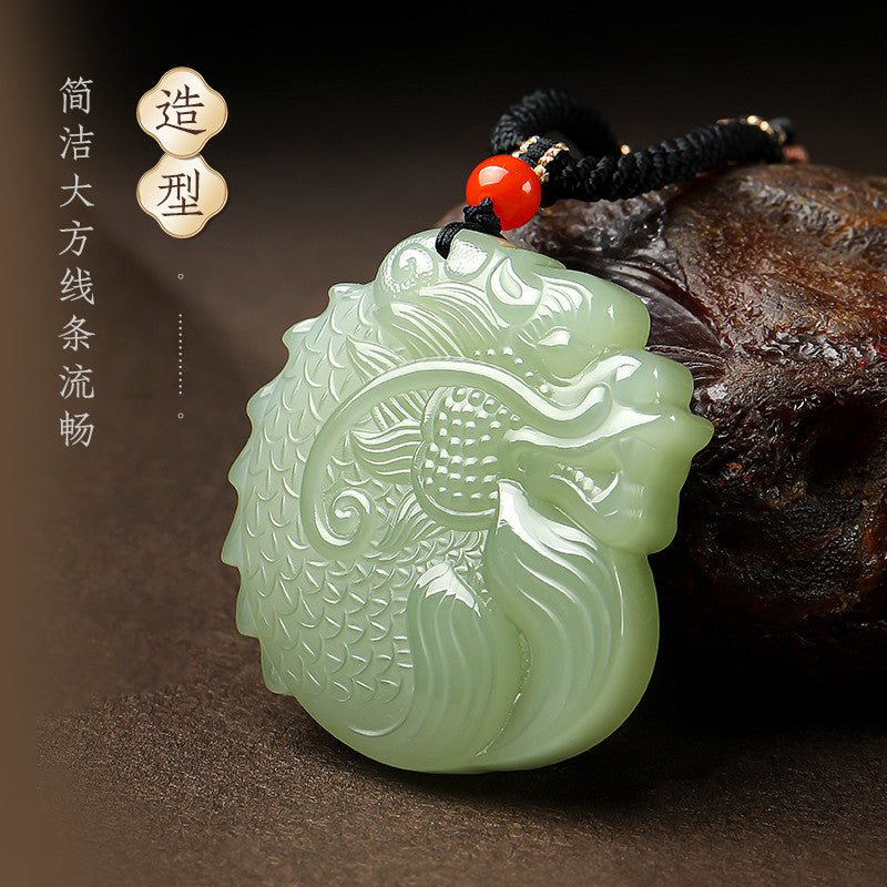 Double-sided Fine Carved Dragon-Carp Hetian Jade Pendant, Pale Cyan Zodiac Dragon Plaque, Holiday Gift