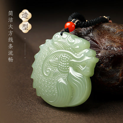 Double-sided Fine Carved Dragon-Carp Hetian Jade Pendant, Pale Cyan Zodiac Dragon Plaque, Holiday Gift