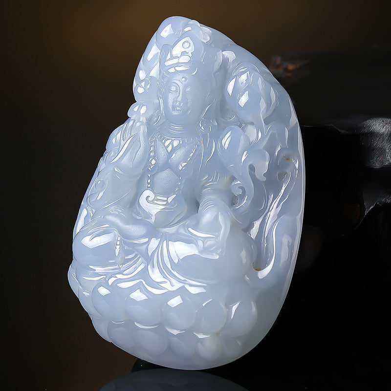 Unique Piece | Double-sided Carved Violet Jadeite Sitting Guanyin Pendant, Festival Gift