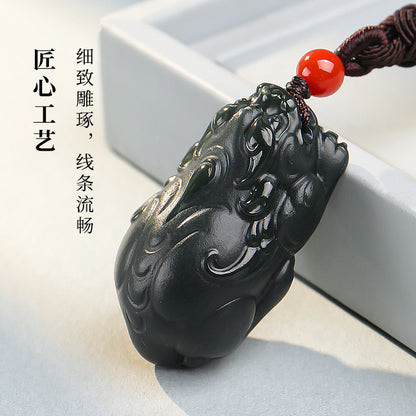 Tower Green Fine Material Hetian Jade Pixiu Pendant, Three-dimensional Divine Beast Cyan Jade Ornament with Certificate