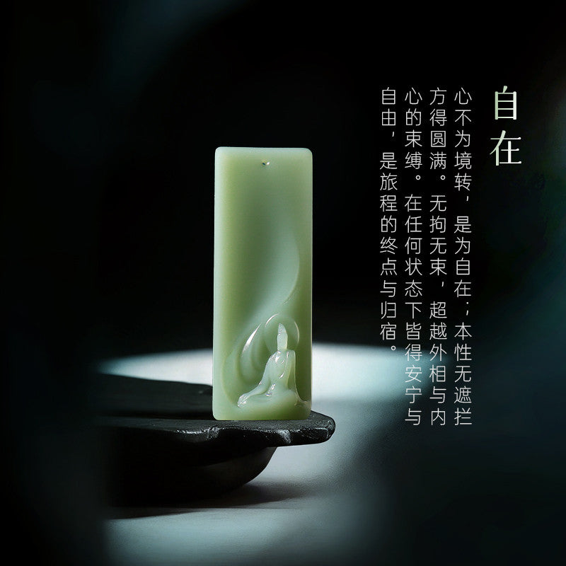 [Zen Series - Freedom] Hetian Jade Pendant, Unisex Green & Pink Cyan Enlightenment Jade Charm