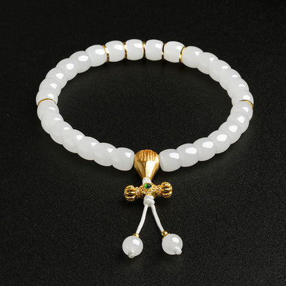 Hetian Jade Bracelet, Exquisitely Carved Straight-Cut White Jade Beads, Vajra Pestle & Five-Script Single-Circle Handheld Bangle