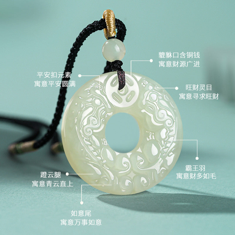 Unisex Green-white Hetian Jade Double-sided Pixiu Safety Buckle Pendant, Festival Gift