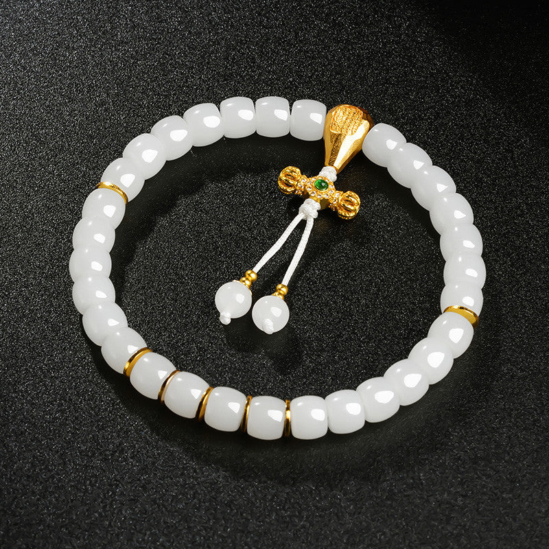 Hetian Jade Bracelet, Exquisitely Carved Straight-Cut White Jade Beads, Vajra Pestle & Five-Script Single-Circle Handheld Bangle
