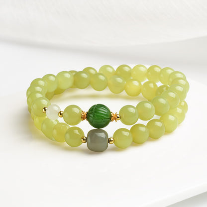 Yellow Mouth Hetian Jade Round Bead Multi-color Double-loop Bracelet for Women