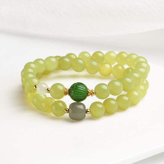 Yellow Mouth Hetian Jade Round Bead Multi-color Double-loop Bracelet for Women