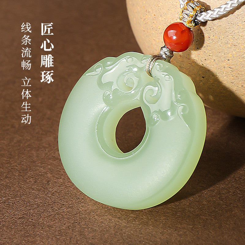 Pale Cyan Hetian Jade Double Dragon Safety Buckle Pendant, Unisex Holiday Gift Jade Ornament