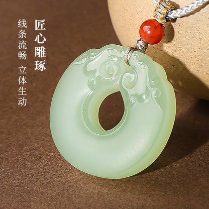 Pale Cyan Hetian Jade Double Dragon Safety Buckle Pendant, Unisex Holiday Gift Jade Ornament