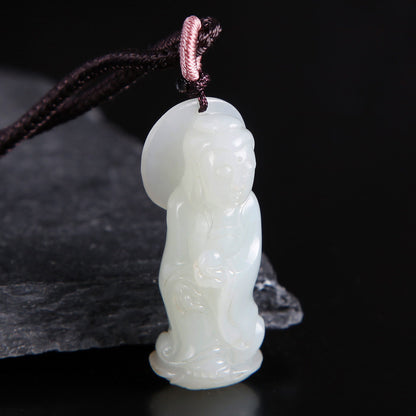 White Hetian Jade Pendant, Fine Carved Pixiu & Guanyin Pendant, Greasy Glossy High White Jade