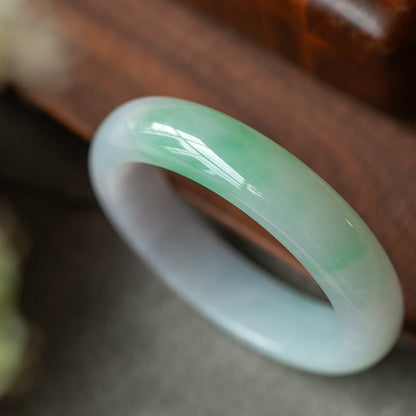 57MM Natural Grade A Ice Species Emerald Bangle, Translucent Fine Texture White Base with Green Floating Pattern Round Bracelet, With Certificate & Collectible High-Grade Jade Jewelry