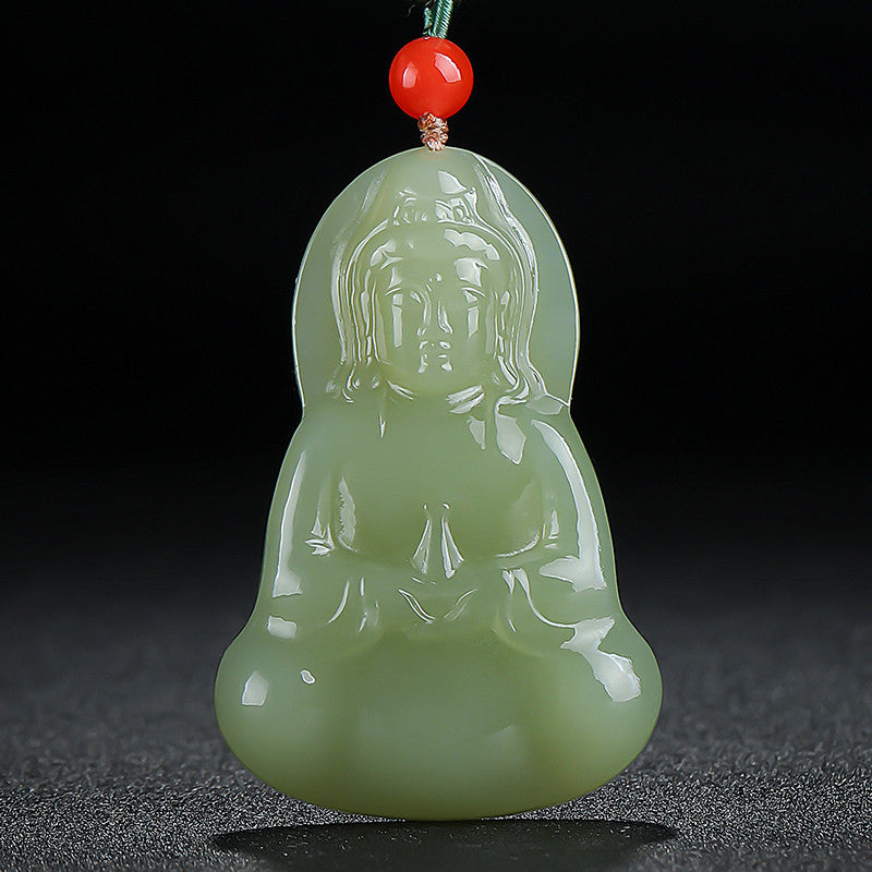 Double-Side Carved Pale Cyan Hetian Jade Sitting Guanyin Pendant, Unisex Lotus Throne Jade Charm
