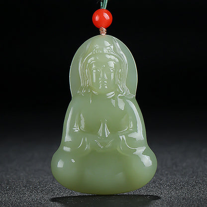 Double-Side Carved Pale Cyan Hetian Jade Sitting Guanyin Pendant, Unisex Lotus Throne Jade Charm