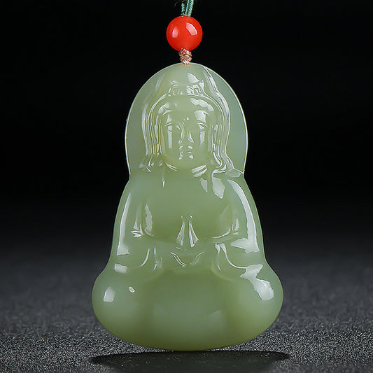 Double-Side Carved Pale Cyan Hetian Jade Sitting Guanyin Pendant, Unisex Lotus Throne Jade Charm