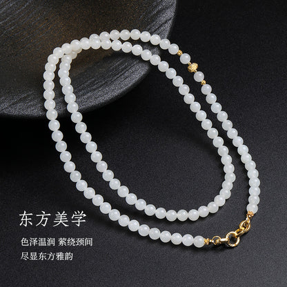 White Hetian Jade Necklace, Elegant Chinese Style Beaded Chain for Women, Dual-use Sweater Chain & Neck Ornament