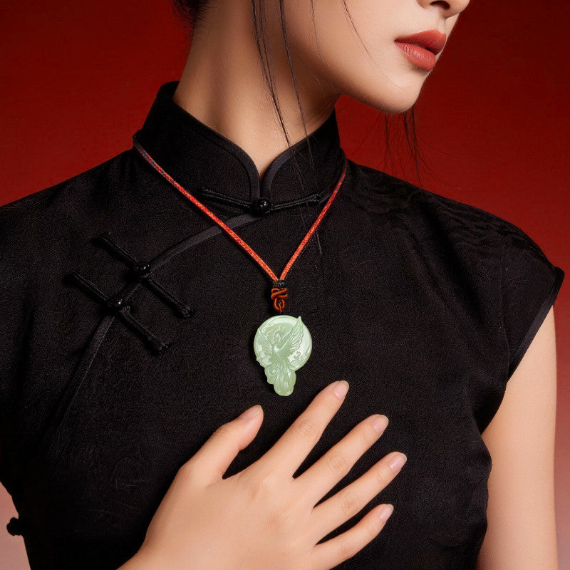 Hetian Jade Phoenix Pendant, Light Cyan Jade, Classic of Mountains and Seas Series Phoenix Rebirth Jade Ornament