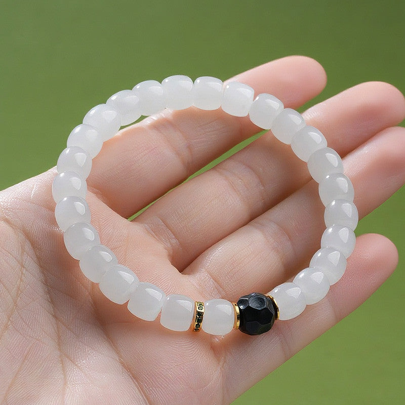 Custom-made White Hetian Jade Straight-cut Plain Bead Bracelet, Unisex Single-loop Jade Bangle