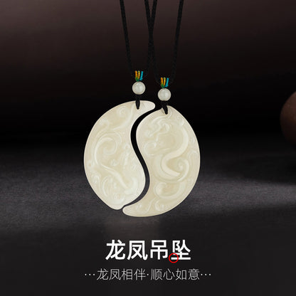 Hetian Jade Dragon & Phoenix Paired Pendants, Couple Jade Charms for Men & Women, With Certificate & Collectible Value
