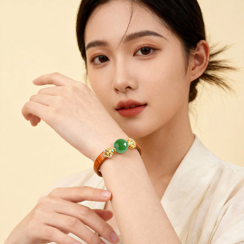 Rotatable Barrel Bead Jade Bracelet, Hetian Jade & Jadeite Wristband with Pixiu, Gift