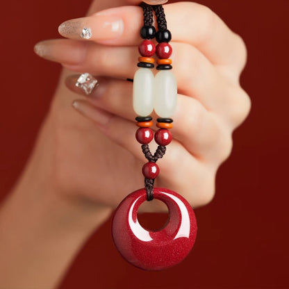 Cinnabar & Hetian Jade Peace Buckle Necklace for Women, Auspicious Pendant, Lucky Gift for Zodiac Year