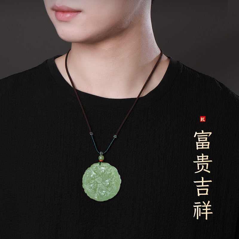 Double-Sided Carved Dark Green Hetian Jade Nine-Dragon Pendant, Unisex Jade Ornament