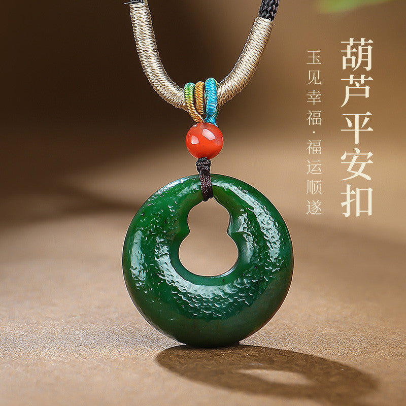 [Fortune Lock] Antique Style Hetian Jasper Gourd Safety Buckle Pendant for Women, Blessing & Fortune Jade Charm