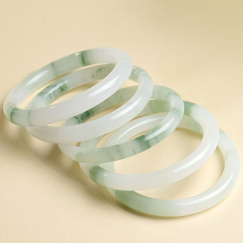 Icy Green Floating Strip Quartzite Bangle, Tianshan Cui Round Bar Jade Bracelet