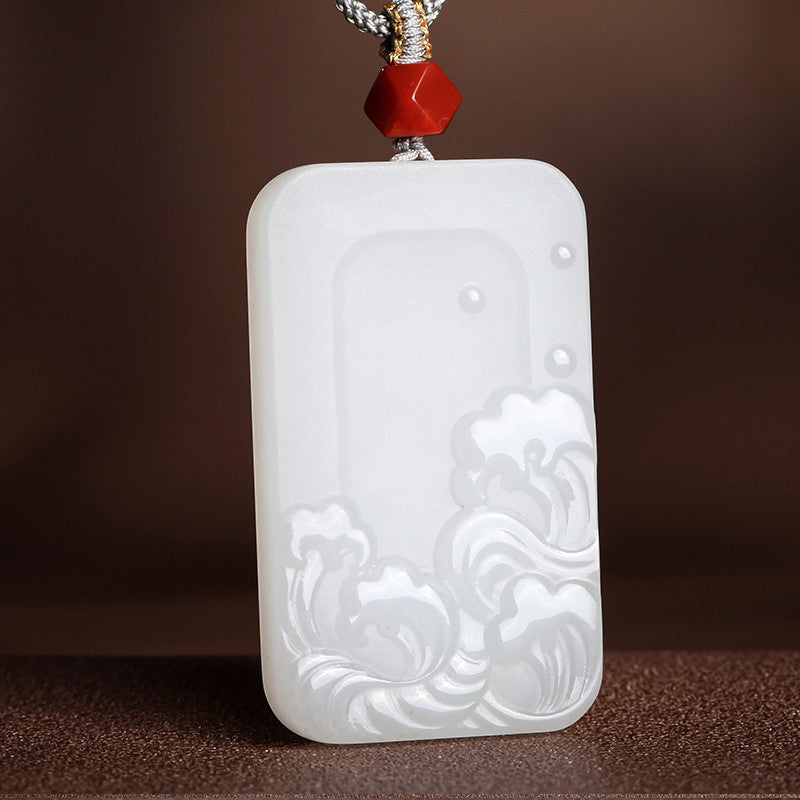 White Hetian Jade Pendant, Double-sided Carved Water Pattern Jade Ornament, Couple Style with Cord, Gift Ready