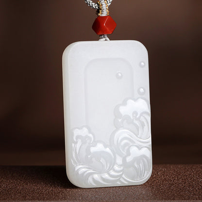 White Hetian Jade Pendant, Double-sided Carved Water Pattern Jade Ornament, Couple Style with Cord, Gift Ready