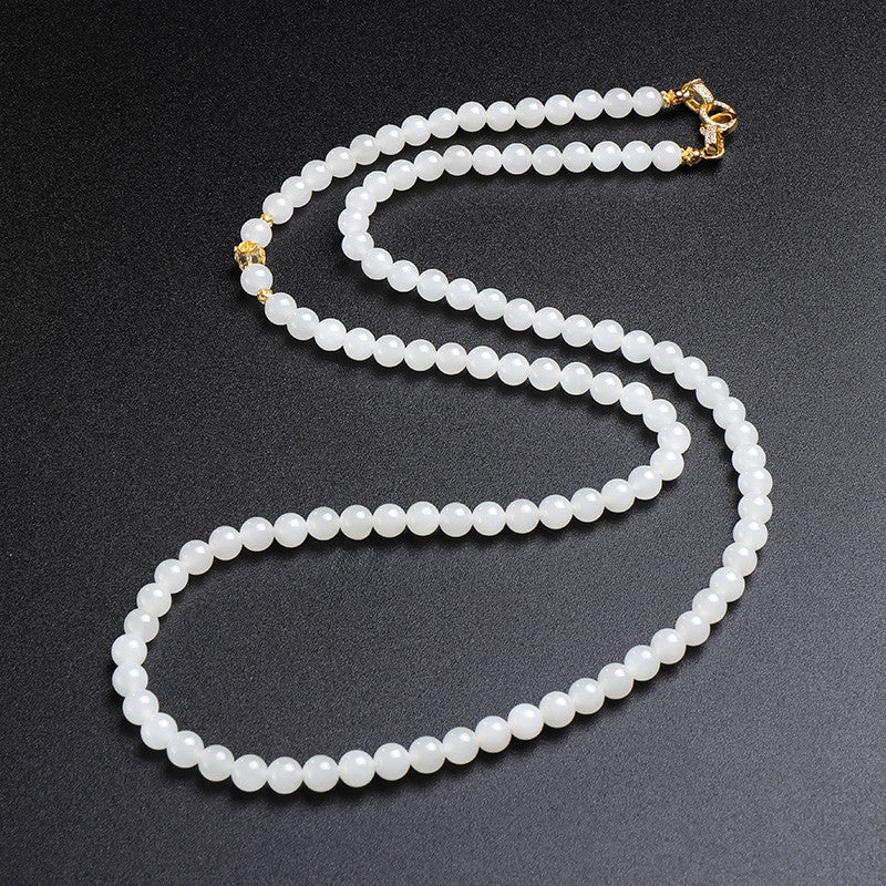 White Hetian Jade Necklace, Elegant Chinese Style Beaded Chain for Women, Dual-use Sweater Chain & Neck Ornament