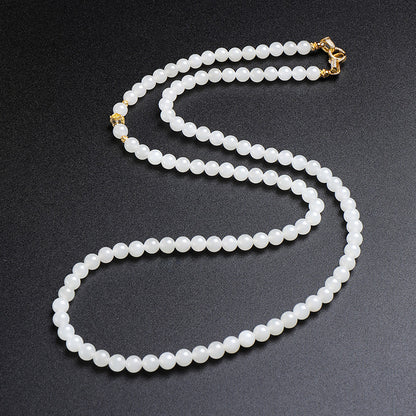 White Hetian Jade Necklace, Elegant Chinese Style Beaded Chain for Women, Dual-use Sweater Chain & Neck Ornament