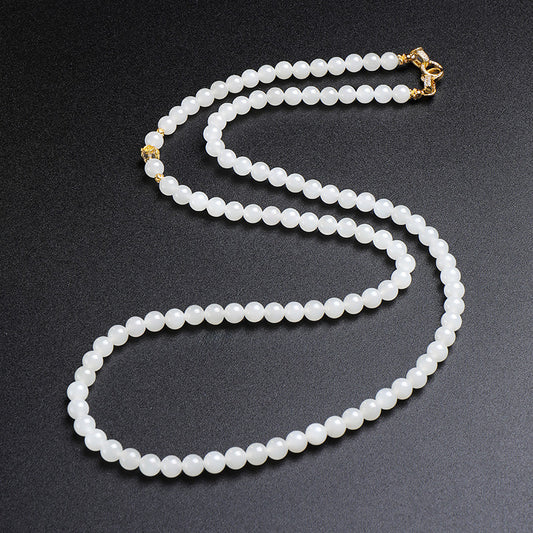 White Hetian Jade Necklace, Elegant Chinese Style Beaded Chain for Women, Dual-use Sweater Chain & Neck Ornament