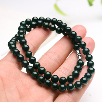 Dark Green Hetian Jade Round Bead Necklace, Women Long Sweater Chain